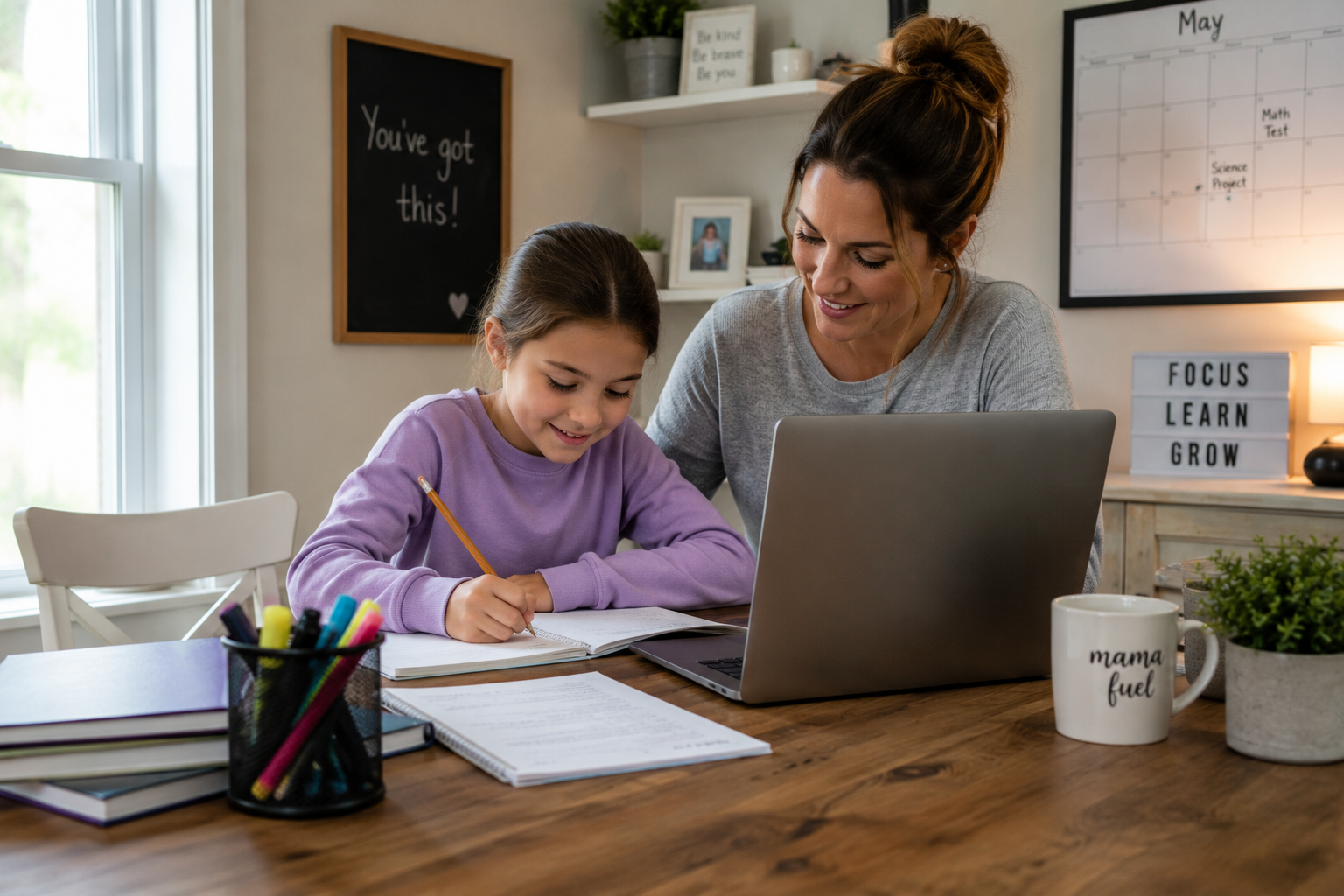 Mother and daughter working on school project